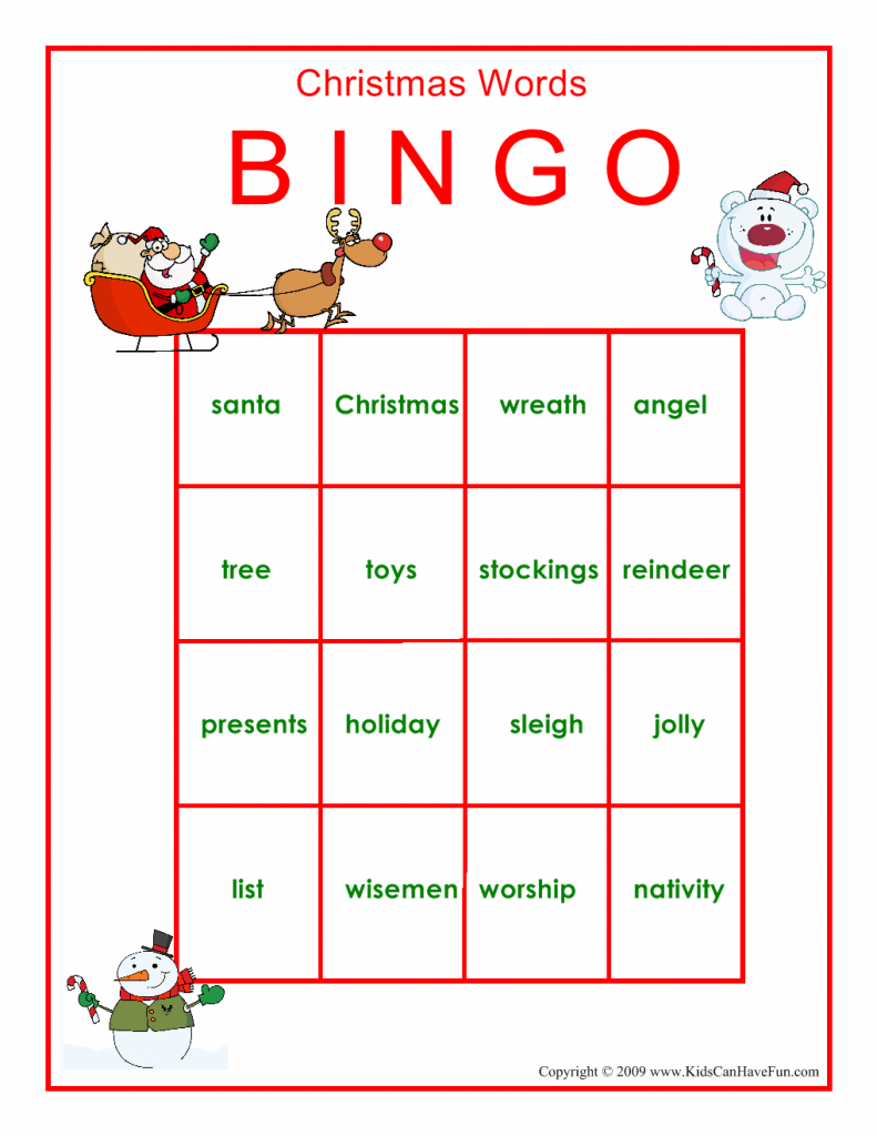 christmas words bingo game